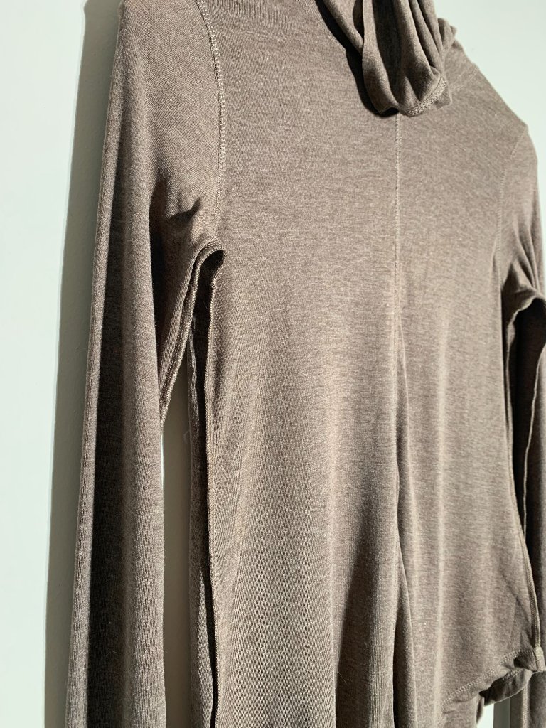 Aakasha Brown Turtleneck Top Asymmetric Tulip Hem Raw Edge Dystopian Nwot M — image 2 of 8